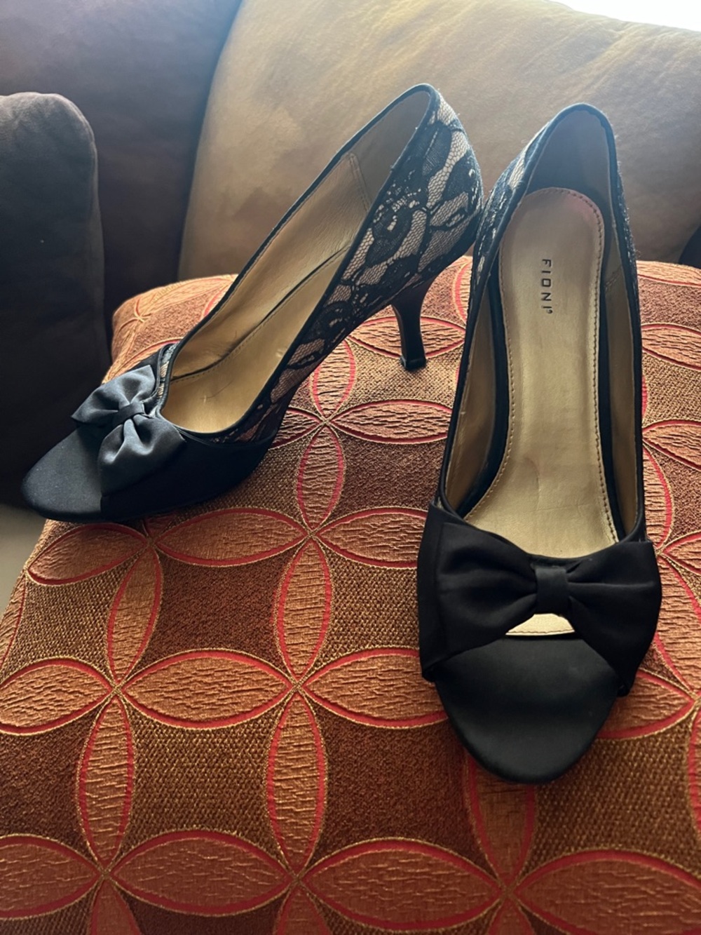 FIONI Clothing Black Lace Peep-Toe Heels with Satin Bow Accent